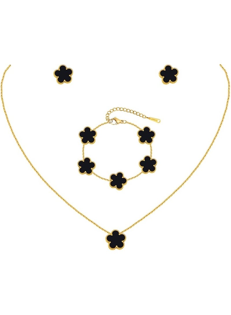 TEMPO (3 Pcs) Clover Necklaces Bracelets Earring Set - 18K Gold Color Plated Flower Bracelet Chain,Stainless Steel Non Tarnish Floral Pendant Stud Jewelry Sets,Four Leaf Clover Lucky Gift for All Occasion - Image 1
